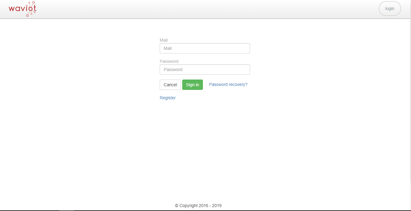 WAVIoT Cloud — ekran za prijavu (Mail, Password, Sign in)